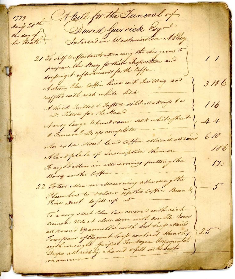 The yellowing page is covered in neat but small script, with figures in £ s d  for each entry in a column on the right, It is dated in the top left corner "1779 July 20th the day of his death".