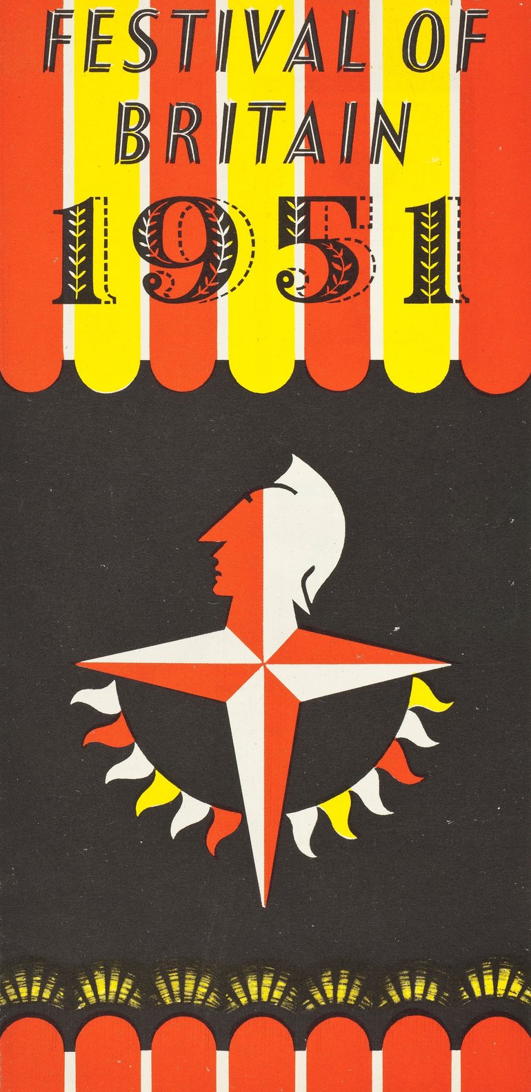 A canopy with orange and yellow vertical stripes is backing for the words Festival of Britain 1951. Beneath it, against a black background, is the festival logo: a four-pointed star with the top point replaced by a  stylised helmeted head of Britannia.