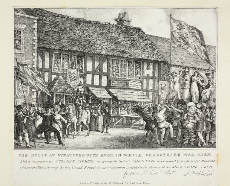 A drawing of the Birthplace, showing quite straight beams but a roof looking the worse for wear. Thee awnings over the door and the shop window are clear. Outside it a crowd is celebrating with flags, dancing and some sort of float with ladies on it.