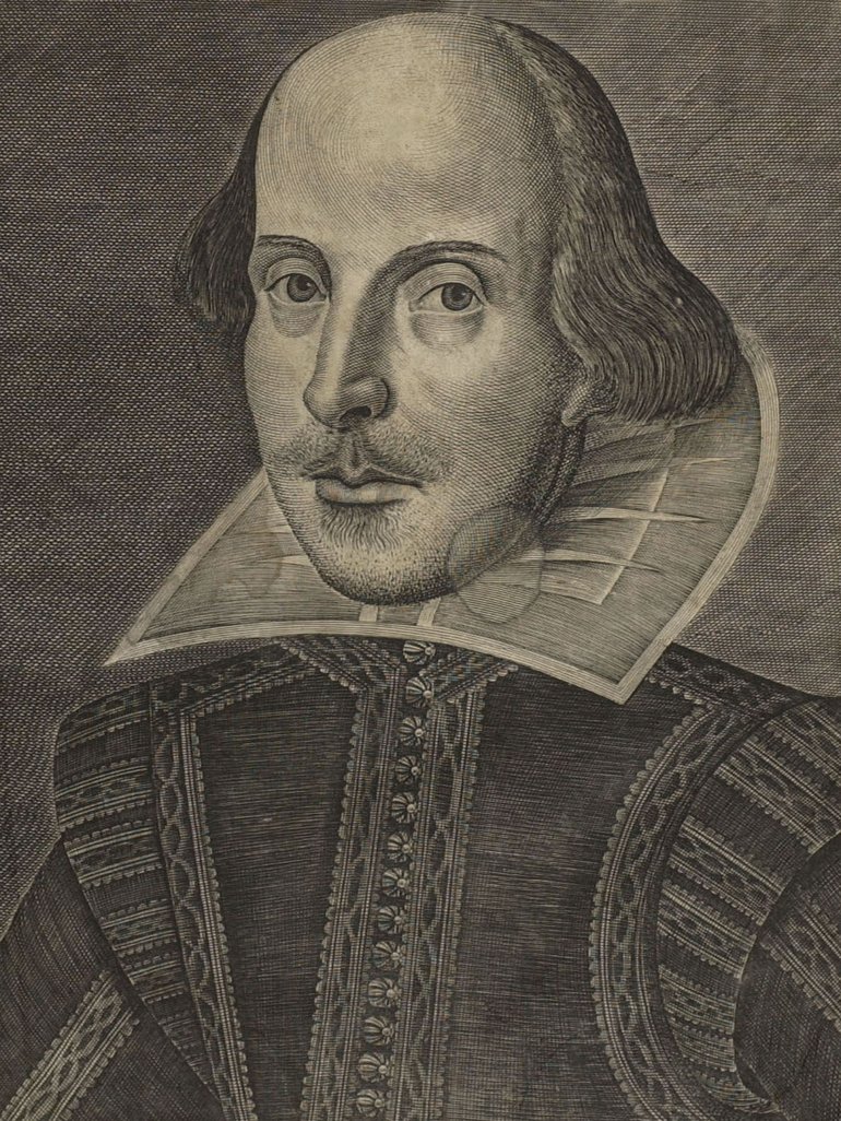 The Droeshout Portrait from the Shakespeare Birthplace Trust's First Folio. It is an engraved image of Shakespeare in Tudor clothing and a ruff, with long hair, some short facial hair around his lips and a receding hairline.