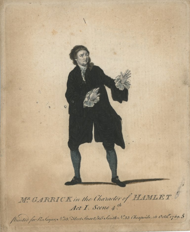 He stands with his legs apart, leaning to his right and looking to his left, with his hands extended in protest or defence. The legend relates this to Hamlet, Act 1 scene 4.