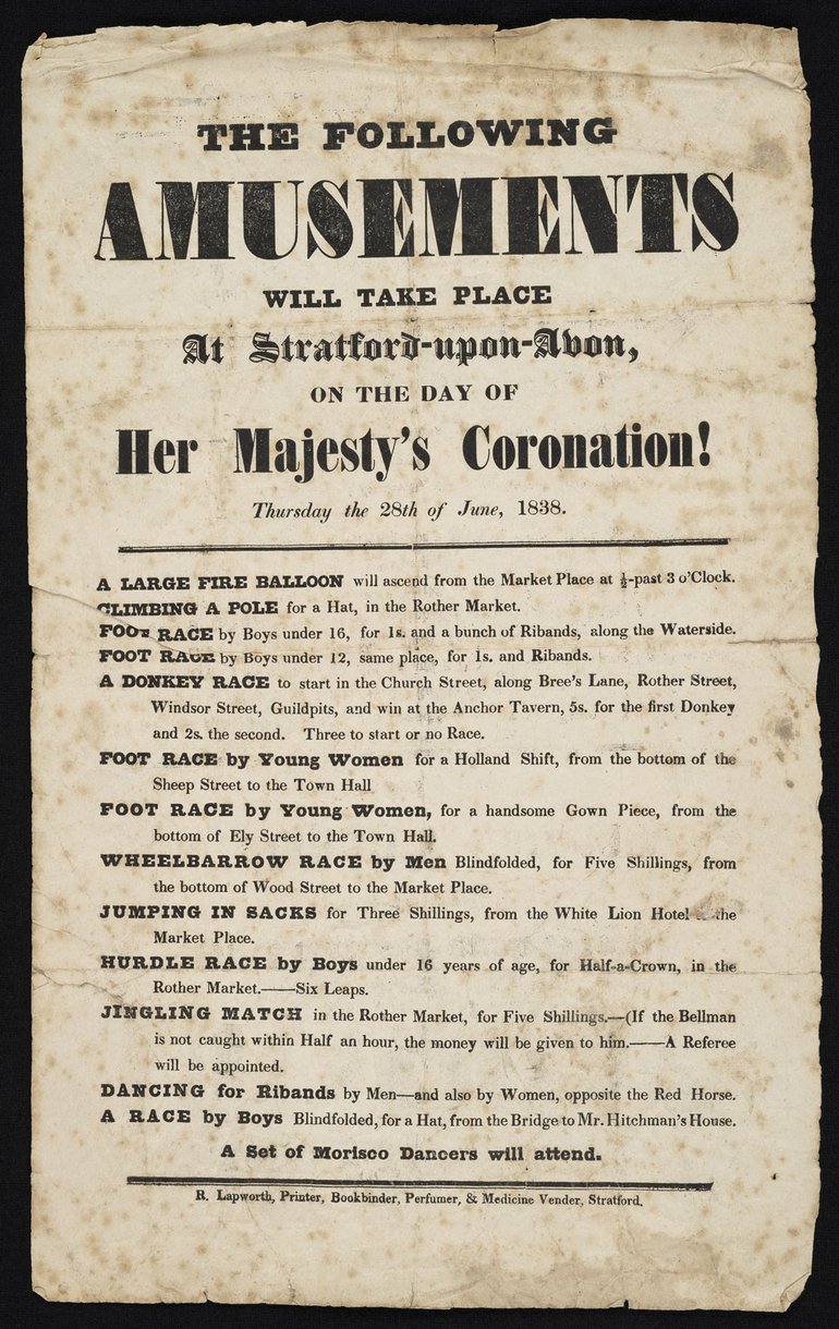 A bill of amusements for Queen Victoria's coronation celebrations in Stratford-upon-Avon, printed on yellowing paper in bold black type.