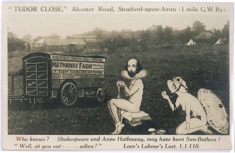 In front of a gypsy caravan labelled Hathaway Farm a sitting Shakespeare and a kneeling Anne Hathaway, both naked are sunbathing.