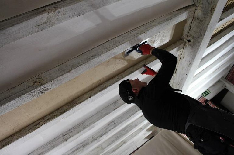 A replacement section of timber being inserted in Palmer’s Farmhouse at our Mary Arden’s Farm site.