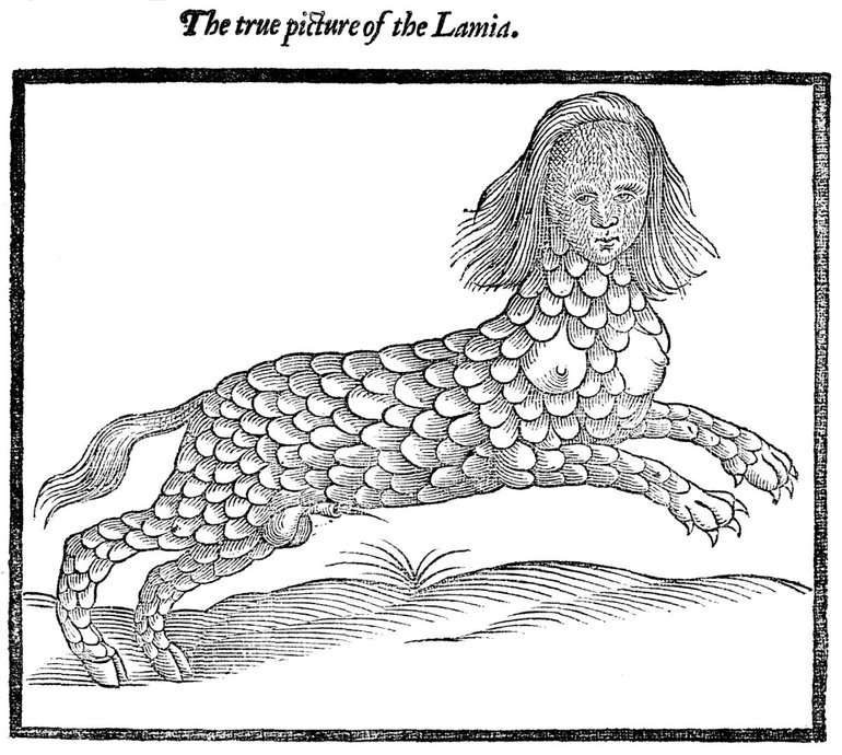 Lamia, a scaly creature with the hind legs of a goat, fore legs of a bear and the chest and head of a woman.