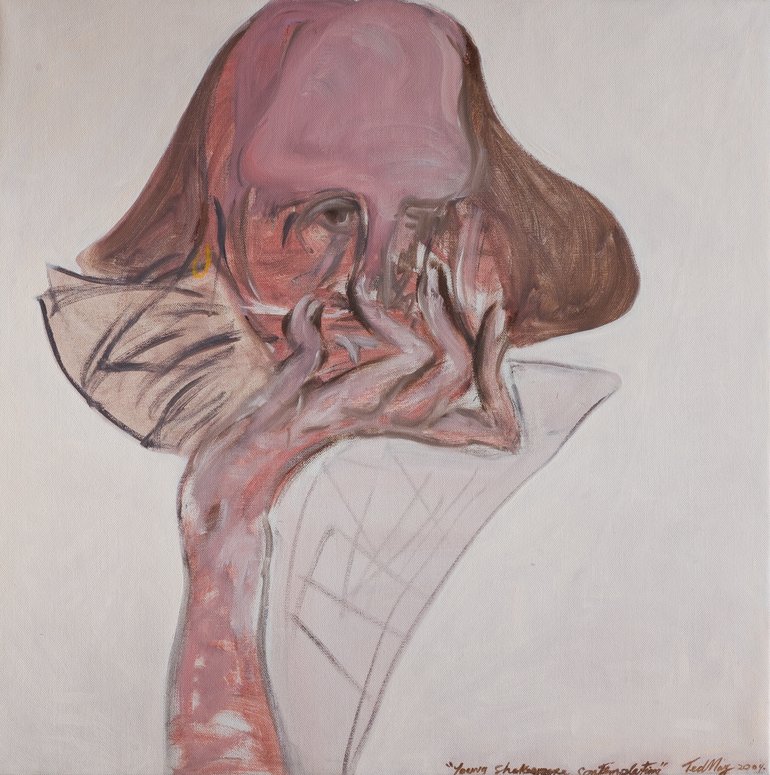 The image shows a head of Shakespeare(high forehead, straight hair curling out each side of his face) and his left forearm; his chin is resting on his left hand, his splayed fingers covering his mouth and touching his nose. Beside and slightly behind him are two sheets of paper, one with heavy crossings-out, the other a diagram with squares and lines.