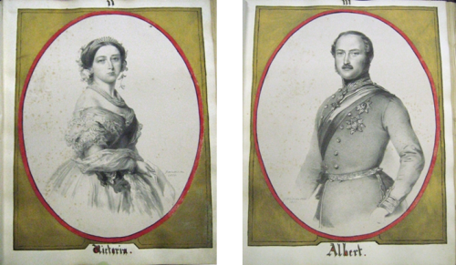 Journal of Georgina Leigh, introduction to the journal, with cuttings of engravings showing Queen Victoria and Prince Albert (Archive Ref: DR671/381)