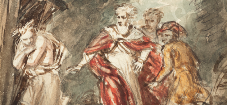 On the left is an end of a hovel; a hunched "poor Tom", scantily clad, leads Lear (a red gown blowing open over a white smock), the fool (in yellow, facing Lear but looking over his shoulder at Tom) and (behind them) the head and shoulders of Kent.